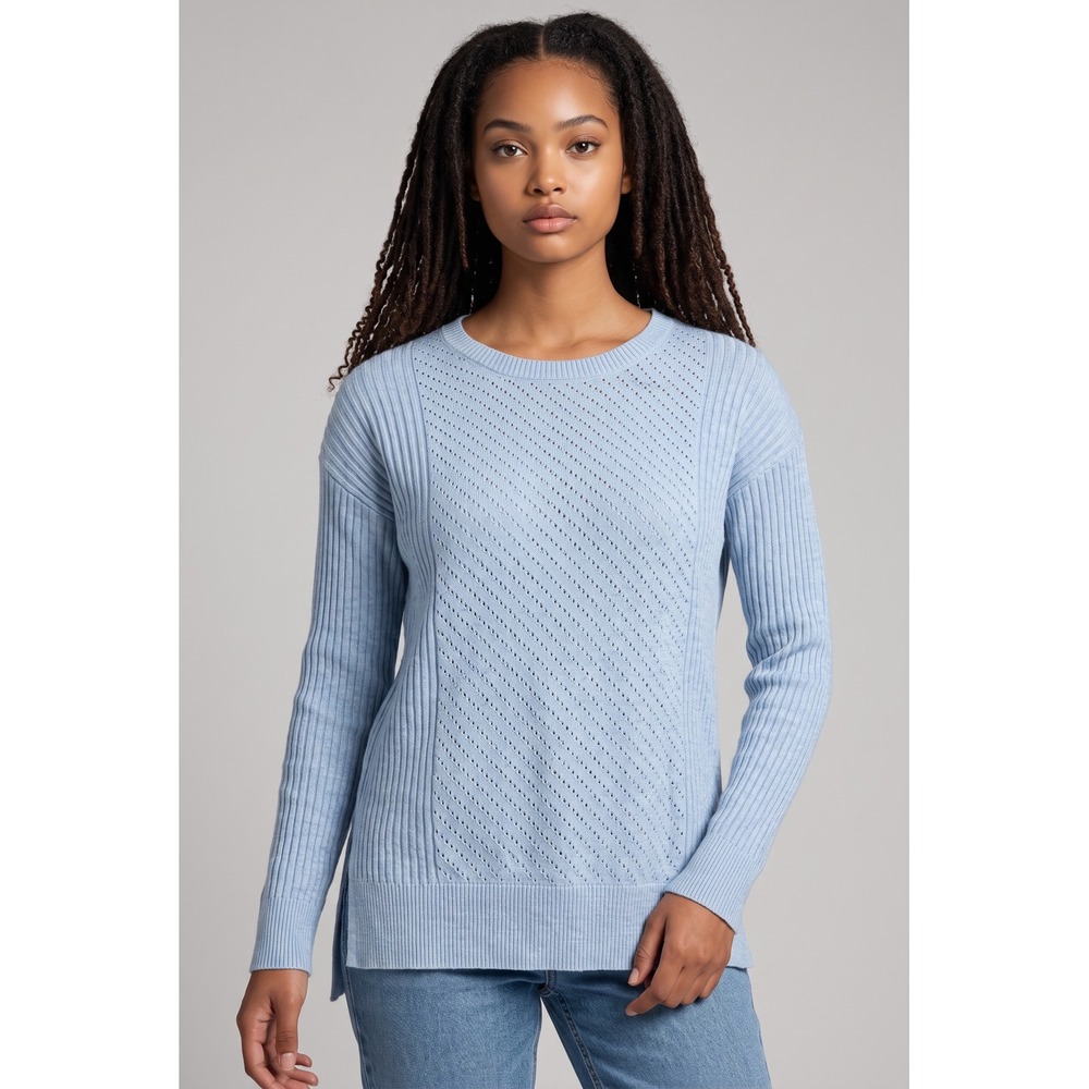 Soft Surroundings Light Blue Marl Pointelle Ribbed Cotton Linen Sweater Small